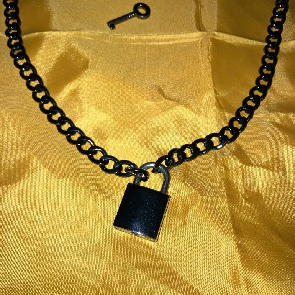 Black Padlock Key Black Chain Alternative Style Pendant Punk Goth LV Biker New